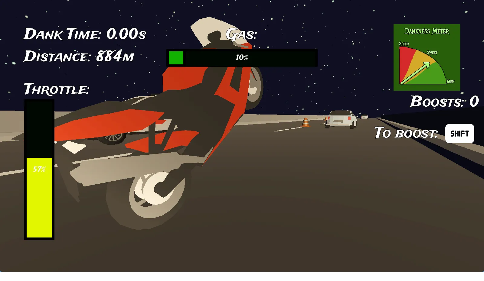 Screenshot of the gameplay, holding a wheelie